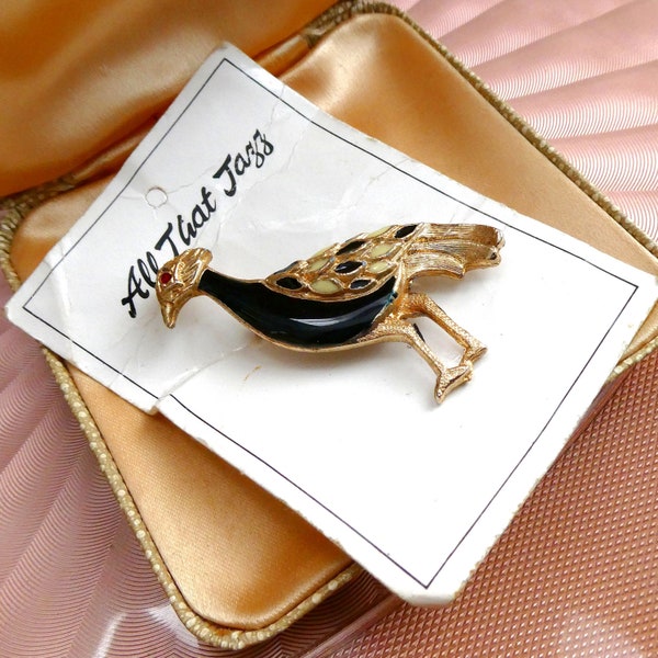 Vintage Enamelled Bird Brooch, 1980s All That Jazz Pin on Original Card