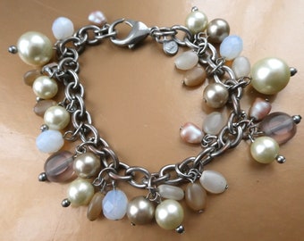 Vintage M&S Charm Bracelet, Glass Pearl, Saphiret and Opal Glass Marks and Spencer Cuff