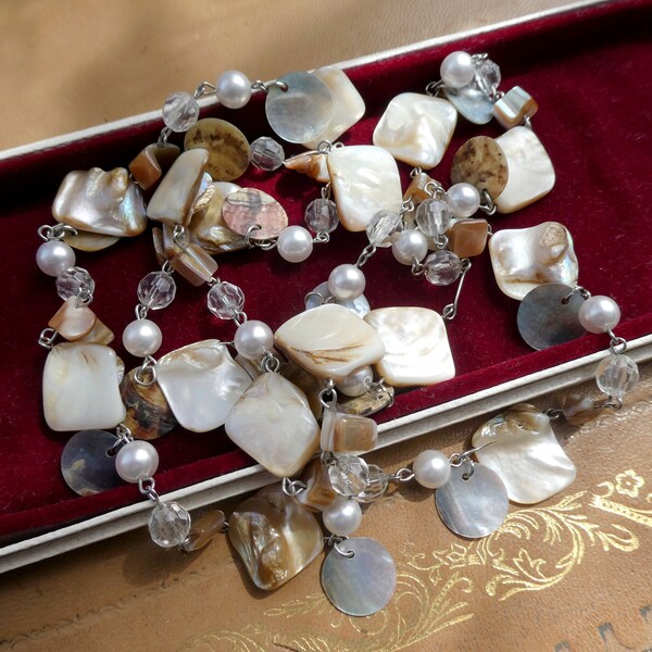 Vintage Abalone Necklace, Long Summer Holiday Beach Mother of Pearl Shell Flapper