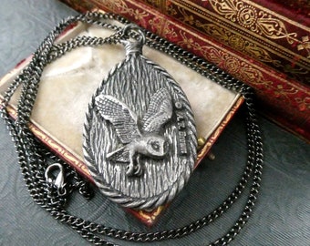 AR Brown Owl Pendant, Vintage Original English Pewter Artisan Necklace