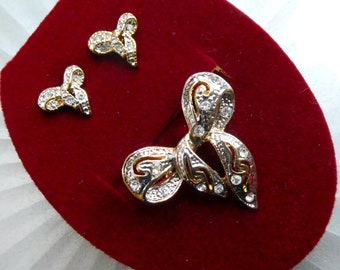 Vintage Bow broche & oorbellen set, tweekleurige Diamante Demiparure