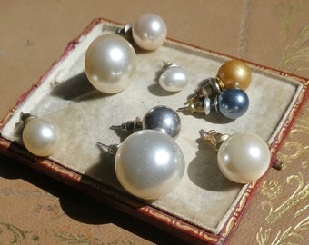 Vintage Pearl Stud Earrings Lot, Mismatched Glass & Acrylic Pearls White, Gold, Silver