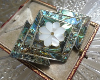Large Vintage Abalone Brooch, Mexico Alpaca Mother of Pearl & Paua Shell Inlay Pin, Summer Beach Jewelry