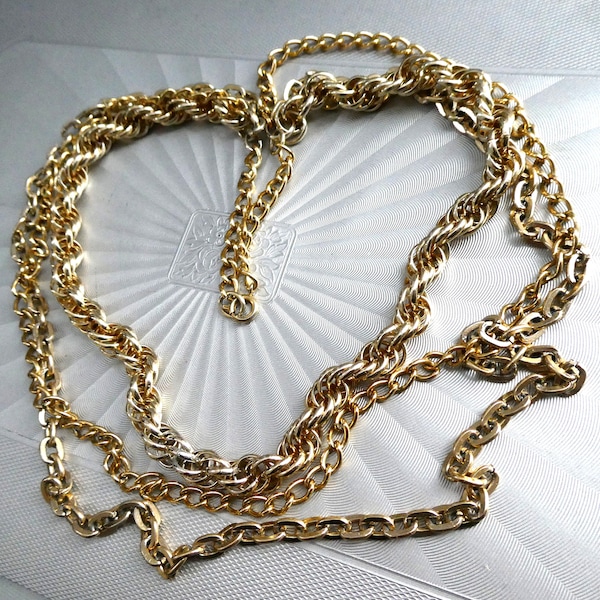Vintage Eloxal Multichain Necklace, 1970s Multistrand French Rope, Rolo and Curb Layered Chains