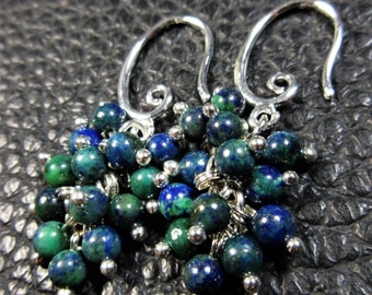 Délicates Boucles d'Oreille  Grappe de Pyrite, Lapis Lazuli et Chrysocolle - Argent Plaqué