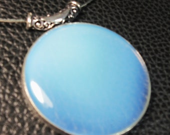 Eye-Catching Big Round Opalite & .925 Plated Silver Pendant - Stainless Steel Choker