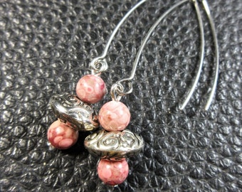 Cute Natural Pink Fossile Agate & 925 Plated Silver Earrings