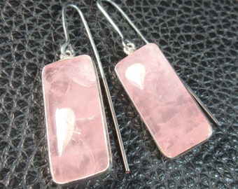 Nice Rectangular Pink Quartz & Plated Silver Earrings