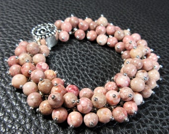 Lovely Natural Pink Fossil Agate & 925 Plated Silver Bracelet