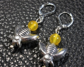 Very Cute Yellow Topaze & .925 Plated Silver Honeybee Earrings