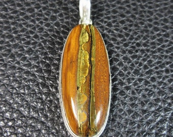 Long Oval Tiger's Eye  & .925 Plated Silver Pendant