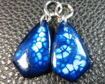 Marvellous Royal Blue Tones Veined Agate Shield & .925 Plated Silver Earrings