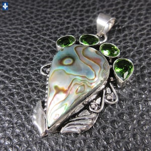 Agréable Pendentif Péridot - Nacre Abalone et Argent Plaqué .925