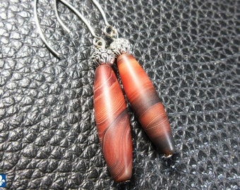 Eye-Catching Pretty Natural Striated Agate & Plated Silver Earrings - Stainless Steel Hooks