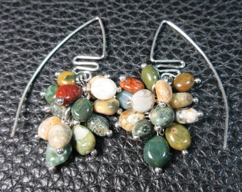 Fantastic Multicolore Natural Ocean Jasper & Plated Silver Cluster Earrings