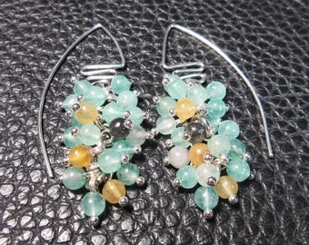 Beautiful Natural Amazonite & Plated Silver Cluster Earrings