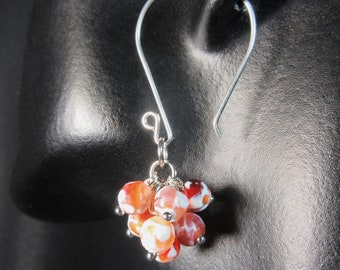 Nice Orange and White Fire Agate Cluster Plated Silver Earrings