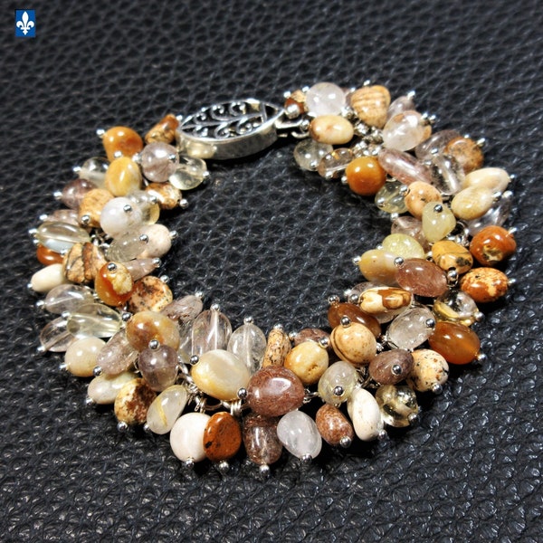 Unique Bracelet de Citrine - Jaspe Picture - Quartz Rutiulé - Agate Nipomo Naturelles et Argent Plaqué