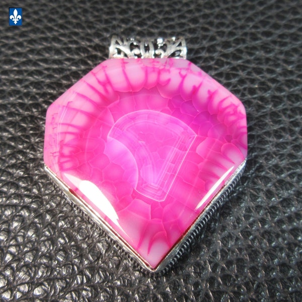 Fantastic Fuchsia Pink Agate Druzy Geode & .925 Plated Silver Pendant