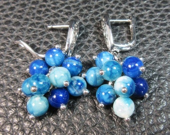 NOUVEAU! Splendides Boucles d'Oreille Agate Bleu Royal Veinée et Argent Plaqué