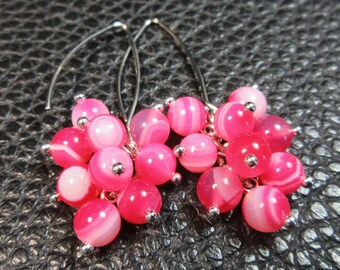 Nice Pink Red Striated Agate & Plated Silver Earrings Stainless Steel Hooks