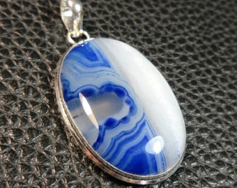 Beautiful Royal Blue Striated Agate & .925 Plated Silver Pendant