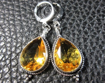 Short Citrine Facetted Drop & .925 Plated Silver Earrings