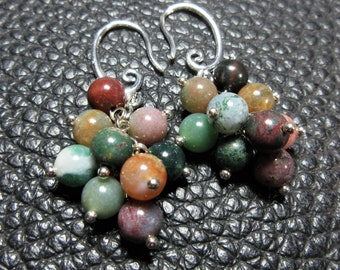 Pretty Natural Multicolore  India Agate & Plated Silver Cluster Earrings