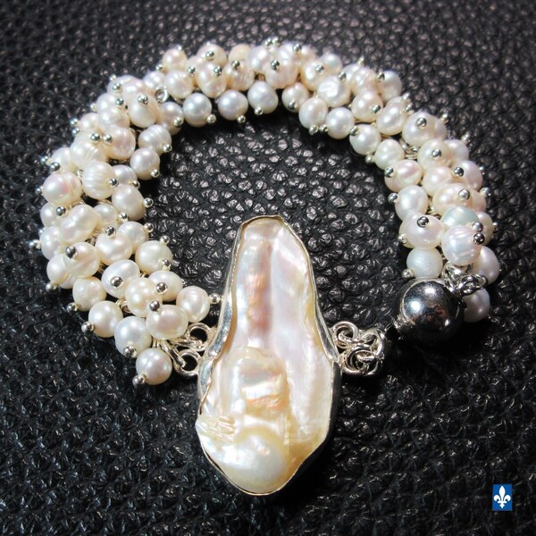 Fantastic Genuine Natural Baroque Ivory Pearls & .925 Plated Silver Bracelet