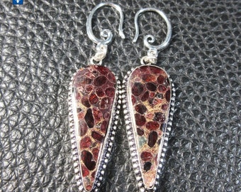 Superb Brecciated Copper & Garnet + .925 Plated Silver Earrings