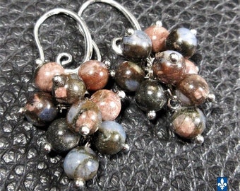 Mignonnes Boucles d'Oreille Grappe de Lianite Naturelle et Argent Plaqué