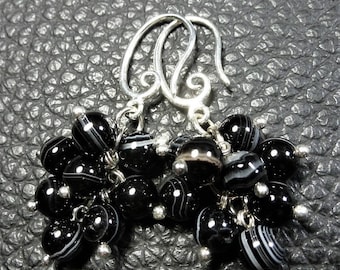 Pretty Black Striated Agate Plated Silver Cluster Earrings