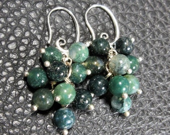 Prety Green Moss Agate Cluster & Plated Silver Earrings