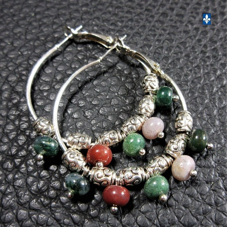 Superb Natural Multicolore India Agate /& Plated Silver Earrings