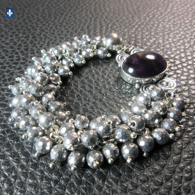 Fantastic Amethyst /& Facetted Hematite .925 Plated Silver Bracelet