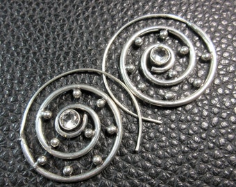 Eye-Catching .925 Plated Silver Clear Topaze Ornated Spiral Earrings