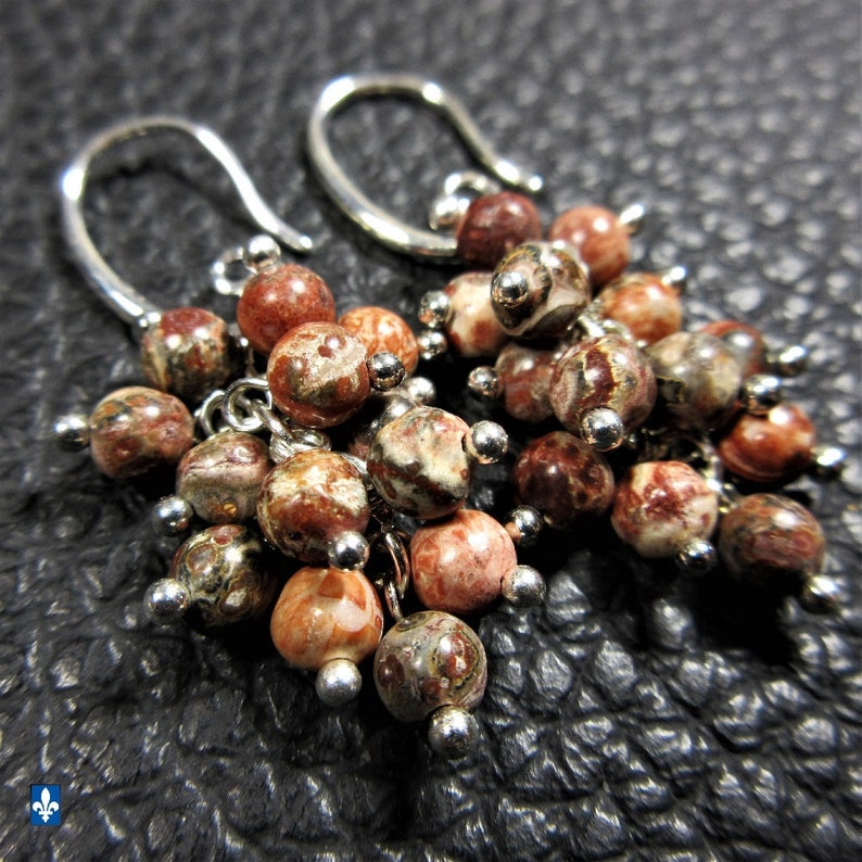 Amazing Stones Leopard Skin Jasper /& Plated Silver Cluster Earrings