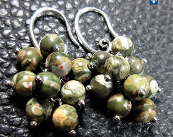 Pretty Green Rhyolite Jasper Cluster & Plated Silver Earrings