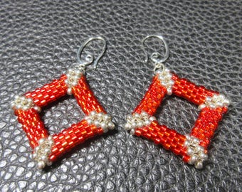 Nice Glass Beads Square - Metallic Red - Silver -  Plated Silver Hooks - Hand Woven Earrings