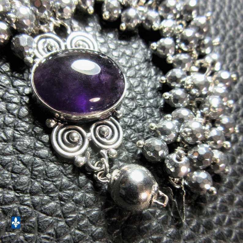 Fantastic Amethyst /& Facetted Hematite .925 Plated Silver Bracelet