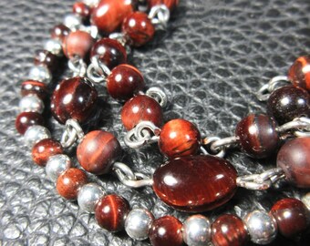 Charming 3 Rows Red Natural Tiger's Eye & Plated Silver Bracelet