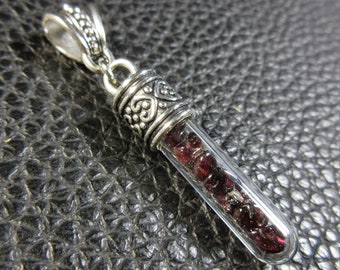 Delicate Glass Vial - Garnet Nuggets & Plated Silver Pendant