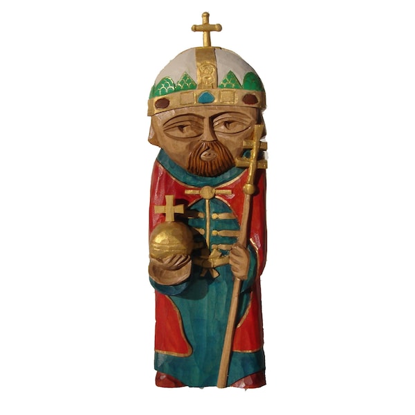 Saint STEPHANUS , King of Hungary, Patron of kings, bricklayers and stonemasons-handcrafted wooden sculpture