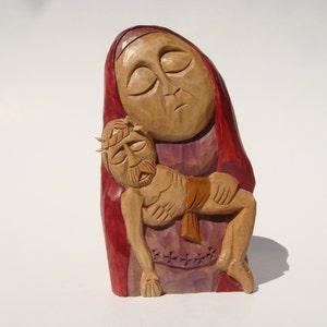 Virgin Mary holding the dead Jesus on her lap (PIETA)-handcrafted wooden sculpture