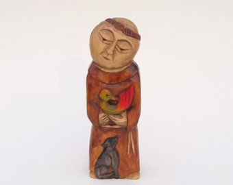 St.FRANCIS with wolf and bird handcrafted wooden sculpture