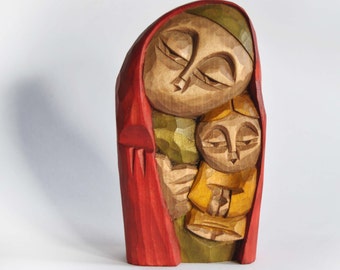 VIRGIN MARY with Jesus - handcrafted wooden sculpture