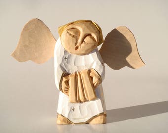 ANGEL playing accordion- handcrafted wooden sculpture