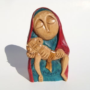 Virgin Mary holding the dead Jesus on her lap (PIETA)-handcrafted wooden sculpture