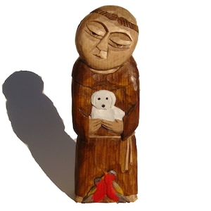 Sculpture en bois artisanale de Saint-FRANÇOIS avec CHIEN et oiseaux