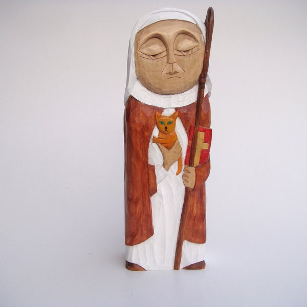 St. GERTRUDE of Nijvel (Nivelles), patron of cats, travelers, widows, the sick and the poor-handcrafted wooden sculpture